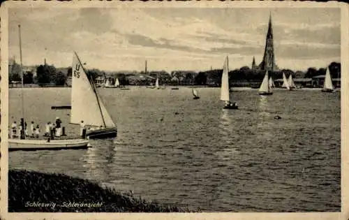 Ak Schleswig a.d. Schlei, Kanalpartie mit Segelbooten und Dom