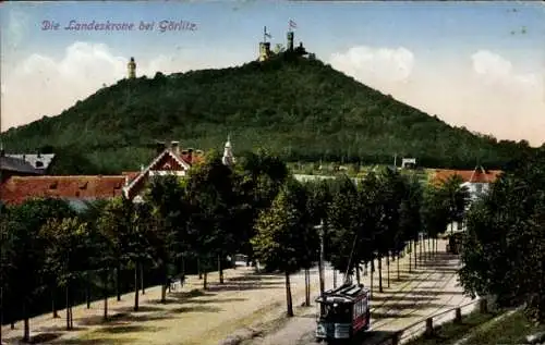 Ak Görlitz in der Lausitz, Die Landeskrone, Straßenbahn