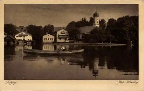 Ak Tutzing in Oberbayern, Stadtansicht, Starnberger See, Ruderer, Glockenturm