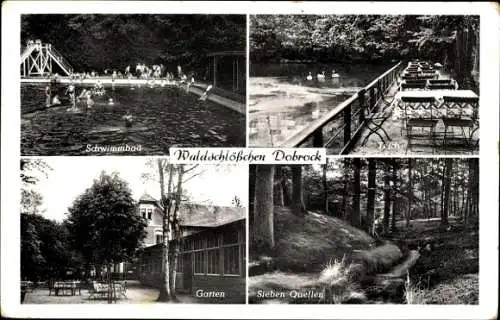 Ak Dobrock Wingst in Niedersachsen, Waldschlösschen, Schwimmbad, Sieben Quellen, Garten, Teich