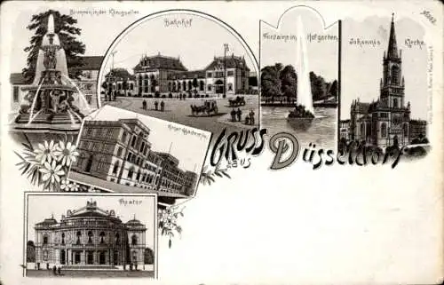 Litho Düsseldorf am Rhein, Bahnhof, Johanniskirche, Hofgarten, Kunstakademie, Theater, Brunnen