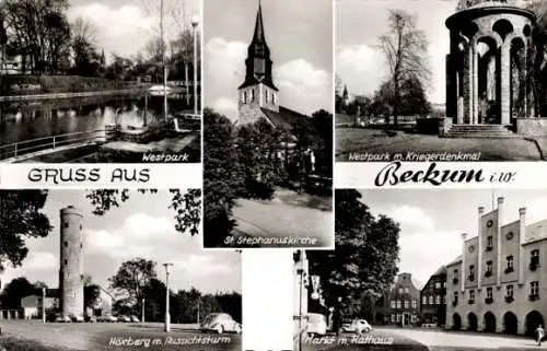 Ak Beckum in Westfalen, Westpark, St. Stephanuskirche, Kriegerdenkmal, Höxberg mit Aussichtsturm