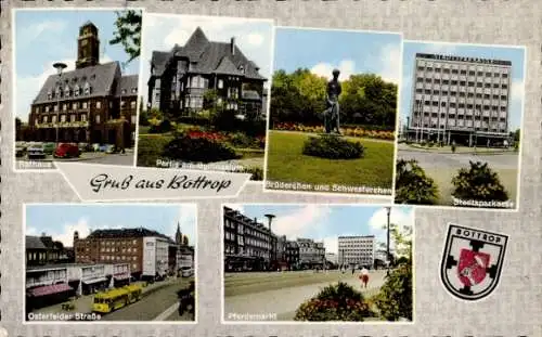 Ak Bottrop im Ruhrgebiet, Rathaus, Gymnasium, Stadtsparkasse, Osterfelder Straße, Pferdemarkt