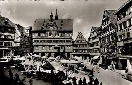 Ak Tübingen am Neckar, Marktplatz, Rathaus, Hotel, Marktstände