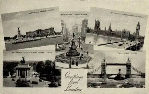 Ak London Stadt England, Buckingham Palace, Tower Bridge, Piccadilly Circus