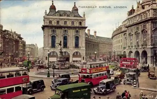 Ak London City England, Piccadilly Circus, Busse, Verkehr