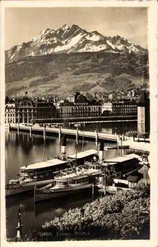 Ak Luzern Stadt Schweiz, Teilansicht, Brücke, Dampfer, Pilatus