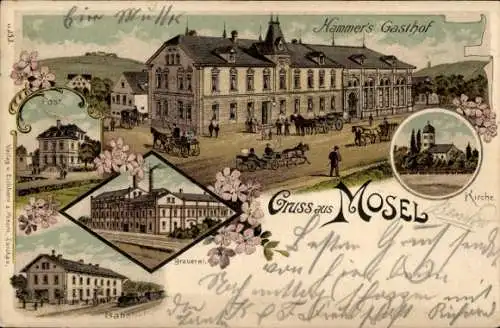 Litho Mosel Zwickau in Sachsen, Hammers-Gasthof, Post, Brauerei, Bahnhof, Kirche