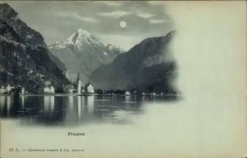 Mondschein Ak Flüelen Kanton Uri Schweiz, Blick auf die Berge