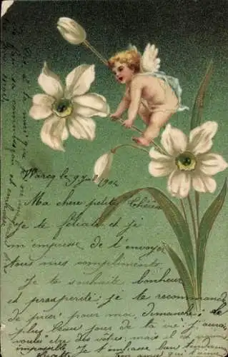 Präge Litho Engel, Weiße Blumen