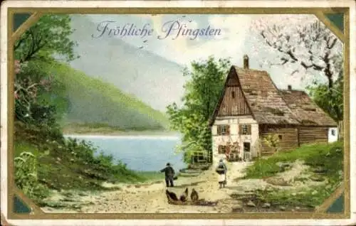 Ak Glückwunsch Pfingsten, Bauernhaus, Hühner