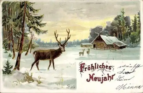 Künstler Ak Glückwunsch Neujahr, Hirsch, Winterlandschaft