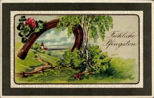 Litho Glückwunsch Pfingsten, Landschaft mit Hufeisen und Kleeblättern