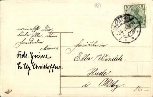 Litho Glückwunsch Pfingsten, Landschaft mit Hufeisen und Kleeblättern