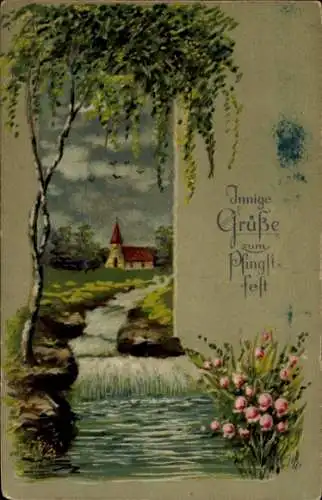 Litho Glückwunsch Pfingsten, Bachpartie mit Wasserfall, Blumen, Kirche, Birke, EAS 17455