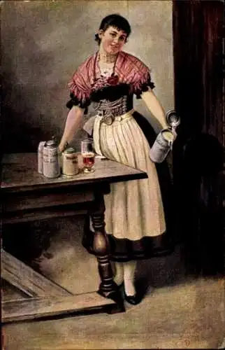 Künstler Ak Kellnerin im Dirndl mit Bierkrügen