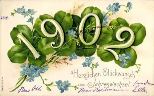 Litho Glückwunsch Neujahr, Jahreszahl 1902, Kleeblätter, Vergissmeinnichtblüten