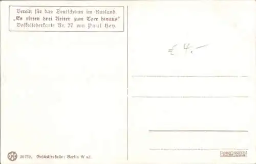 Lied Künstler Ak Hey, Paul, Volksliederkarte Nr 27, Es ritten drei Reiter zum Tore hinaus