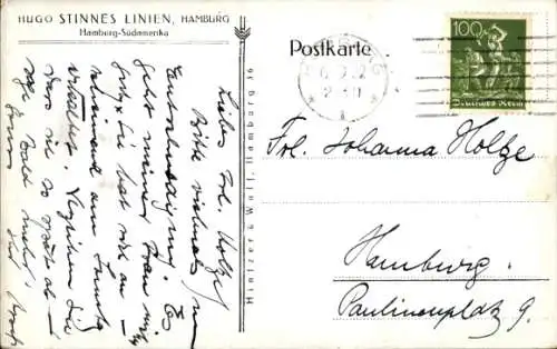 Künstler Ak Hugo Stinnes Linien, Dampfer Hamburg Südamerika
