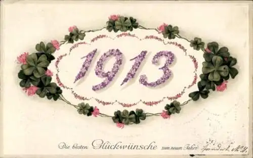 Präge Ak Glückwunsch Neujahr, Jahreszahl 1913, Kleeblätter