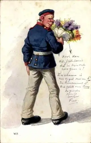 Künstler Ak Deutsche Soldat mit Blumenstrauß, Tuck 939, I. WK