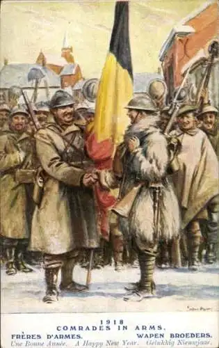 Künstler Ak Glückwunsch Neujahr, Comrades in Arms 1918, Freres d'Armes, Soldats Belges et Francais