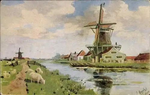 Künstler Ak Oudes, J., Niederländische Windmühle, Fluss, Schafe