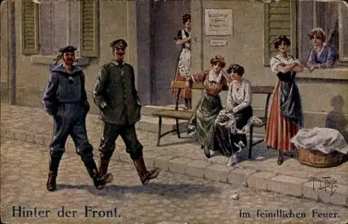 Künstler Ak Thiele, Arthur, Hinter der Front, Im feindlichen Feuer, Soldaten, Frauen, Seemann