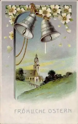 Ak Glückwunsch Ostern, Glocken, Landschaftsidylle, Kirche