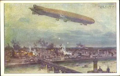 Künstler Ak Schulze, Hans Rudolf, Zeppelin, Luftschiff Schütte Lanz, Warschau bombardierend, I. WK