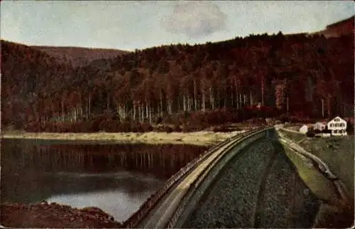 Ak Lac de la Lauch Lauchensee Elsass Haut Rhin, Staumauer, bewaldetes Ufer