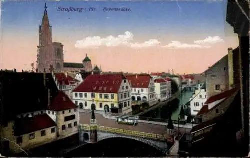 Ak Strasbourg Straßburg Elsass Bas Rhin, Rabenbrücke, Münster, Straßenbahn