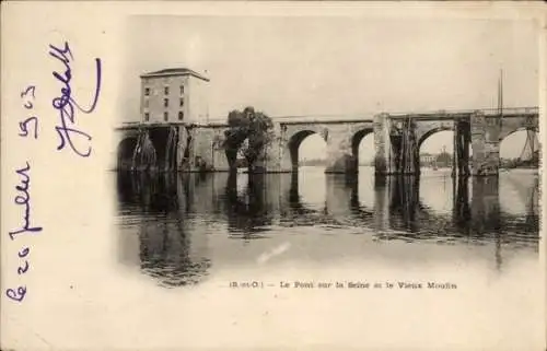 Ak Poissy Yvelines, Brücke über die Seine, alte Mühle