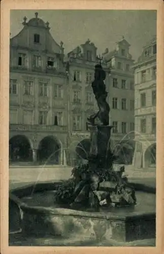 Ak Jelenia Góra Hirschberg Riesengebirge Schlesien, Neptunbrunnen, Markt, Tuchlaube 4, 5 und 6