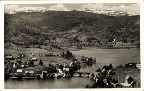 Ak Norheimsund Norwegen, Blick auf den Ort am Hardangerfjord, Brücke, Häuser