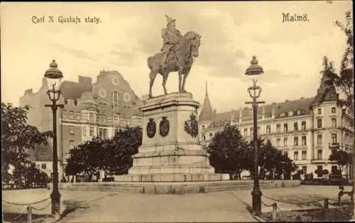 Ak Malmö Schweden, Statue von Karl X. Gustaf, Rathaus