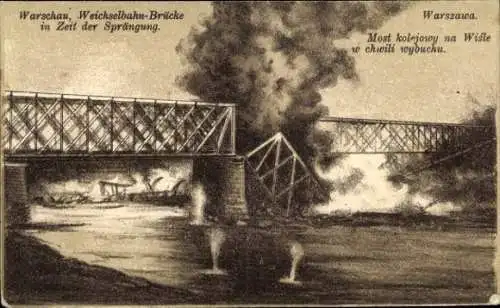 Ak Warszawa Warschau Polen, Weichselbahn Brücke, Zeit der Sprengung