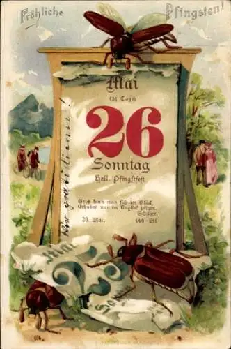 Litho Glückwunsch Pfingsten, Kalender, 26 Mai Sonntag, Maikäfer, Paare, Radfahrer