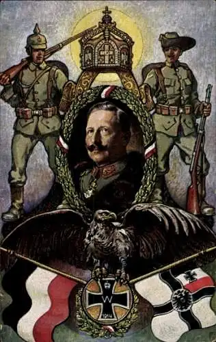 Künstler Ak Kaiser Wilhelm II., Kolonialkriegerdank, Soldaten, Fahnen, Adler