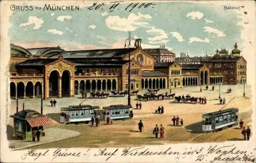 Litho München Bayern, Bahnhof, Straßenansicht, Straßenbahnen, Kiosk