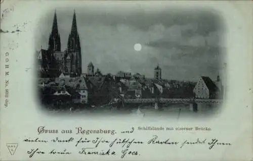 Mondschein Ak Regensburg an der Donau Oberpfalz, Schiffslände mit eiserner Brücke