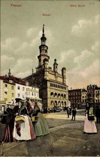 Ak Poznań Posen, Rathaus, Alter Marktplatz, Passanten