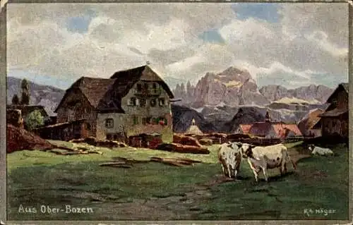 Künstler Ak Häger, R. A., Oberbozen Soprabolzano Renon Ritten Südtirol, Berghaus, Rinder, Berge