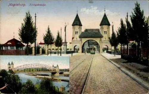 Ak Magdeburg, Ansicht der Königsbrücke mit Straßenbahnen