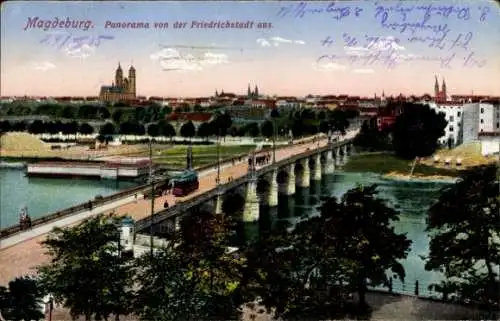 Ak Magdeburg in Sachsen Anhalt, Panorama von der Friedrichstadt aus, Brücke