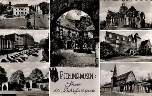 Ak Recklinghausen im Ruhrgebiet, Lohtor, Engelsburg, Markt, Ehrenmal, Rathaus, Berufsschule, Saalbau