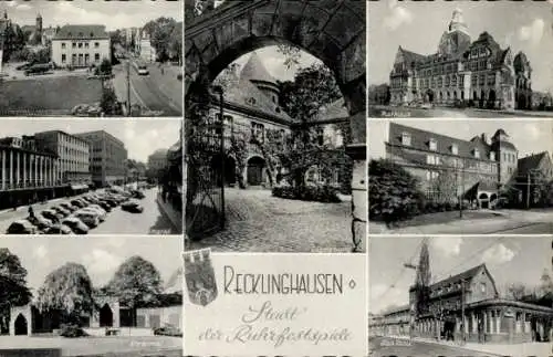 Ak Recklinghausen im Ruhrgebiet, Lohtor, Markt, Ehrenmal, Rathaus, Berufsschule, Engelsburg, Saalbau