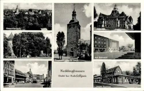 Ak Recklinghausen im Ruhrgebiet, Gesamtansicht, Rathaus, Bahnhof, Saalbau, Engelsburg, St. Peter