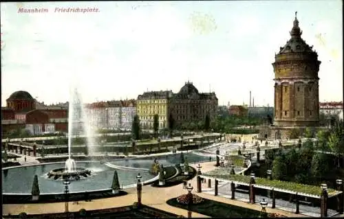 Ak Mannheim in Baden, Friedrichsplatz, Wasserturm, Wasserspielen, Rosengarten