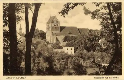 Ak Lychen im Kreis Uckermark, Durchblick auf die Kirche